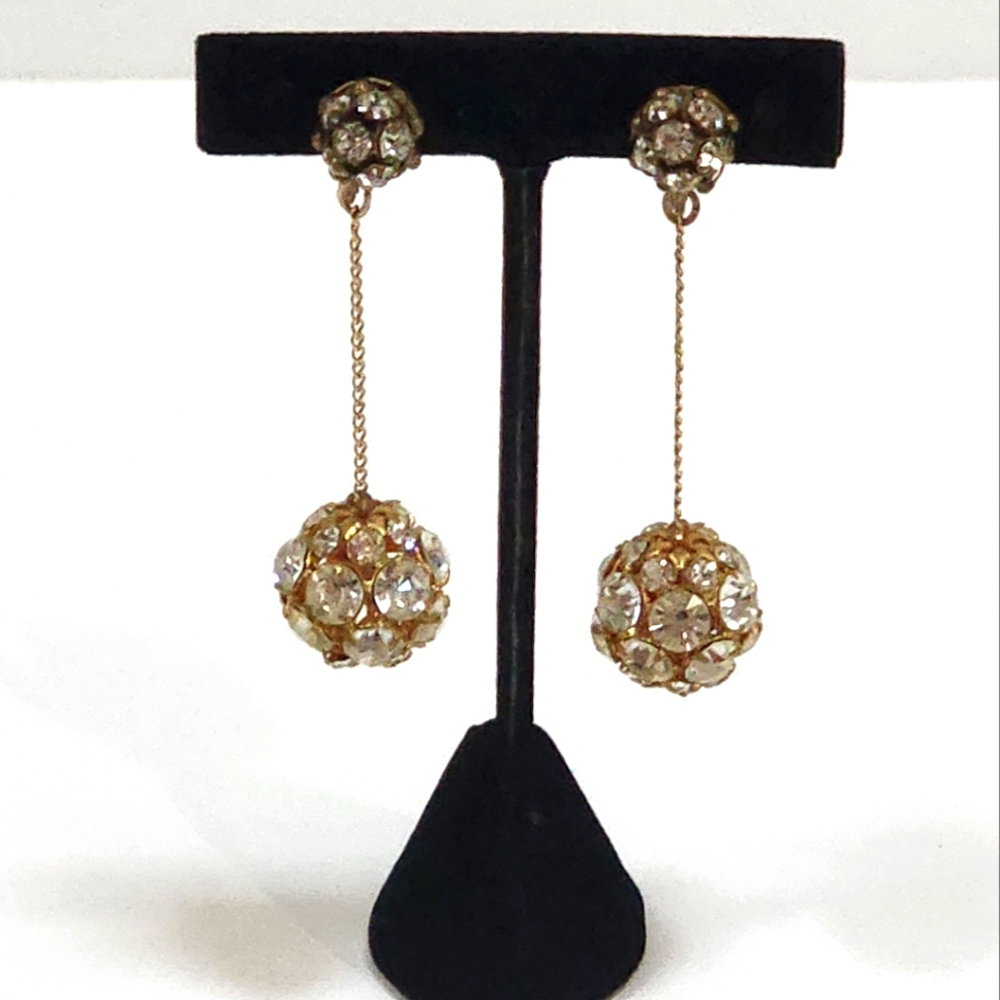 UNIQUE RHINESTONE DROP BALL WITH GOLD CHAIN EARRINGS PIERCED FROM 1990's.